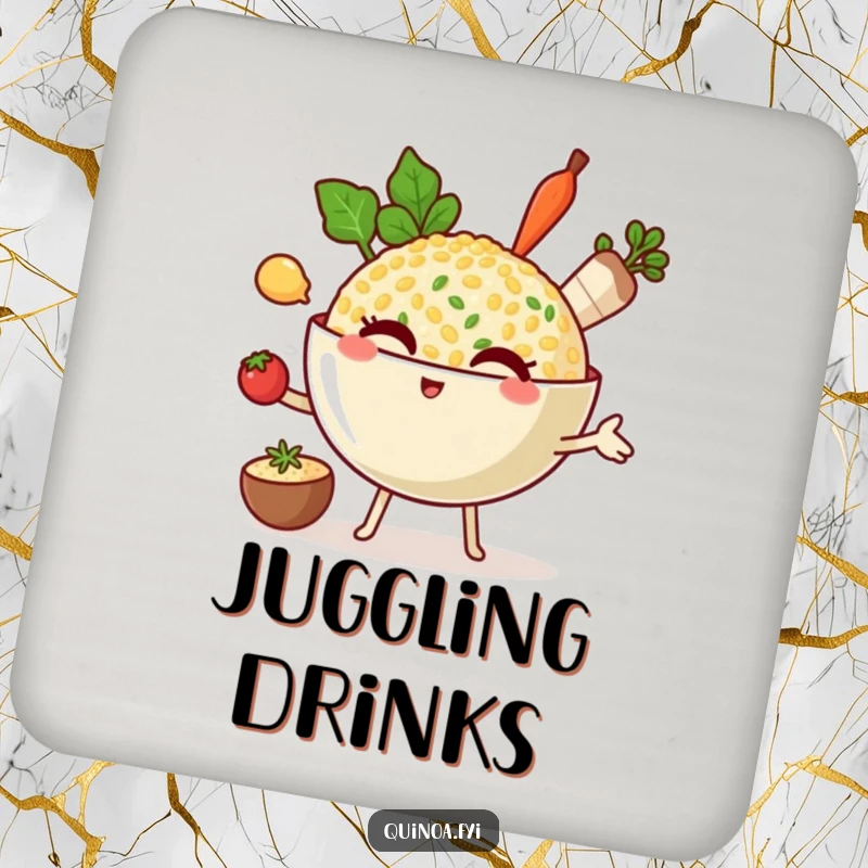 Funny drink coasters featuring a winking quinoa bowl character juggling ingredients, symbolizing kitchen multitasking and humor.