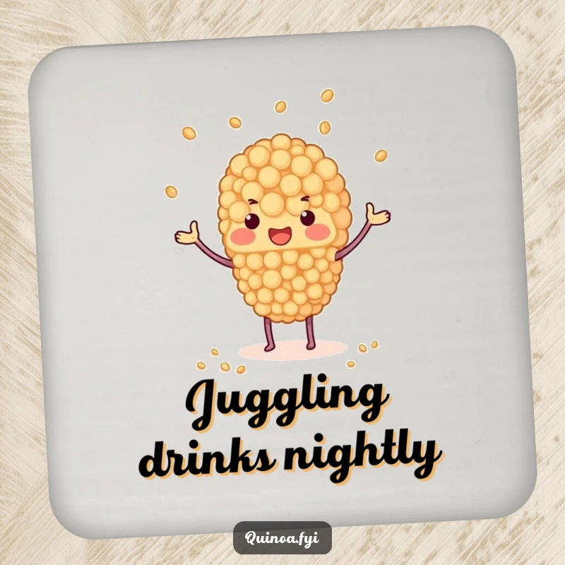 Funny drink coasters showing a quinoa cluster juggling tiny grains, protecting surfaces with humor, ideal for a funny gift.