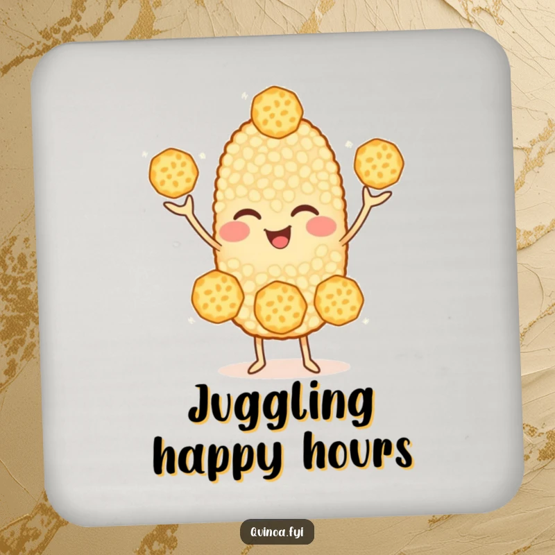 Funny Quinoa Coaster: A cheerful quinoa character juggling three smaller grains with a wink, guarding surfaces with humor and skill.