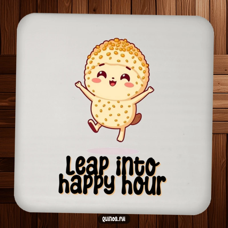 Funny anthropomorphic serving of quinoa with a happy expression, leaping in a humorous coaster.