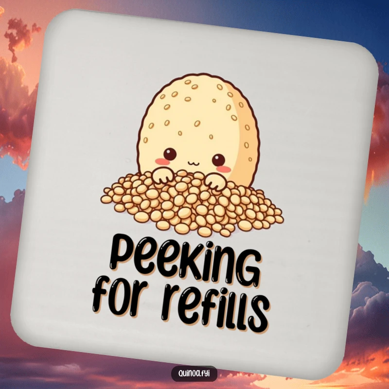 Funny drink coaster showcasing a curious quinoa grain character peeking from its grains, protecting surfaces with a hint of playful intrigue.