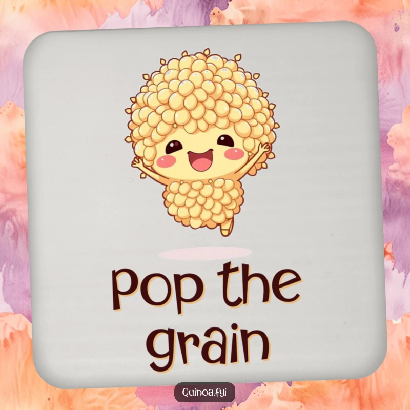 Funny Quinoa Coaster: A small, anthropomorphic quinoa cluster performs a joyful hop, adding a fun touch to drink coasters.