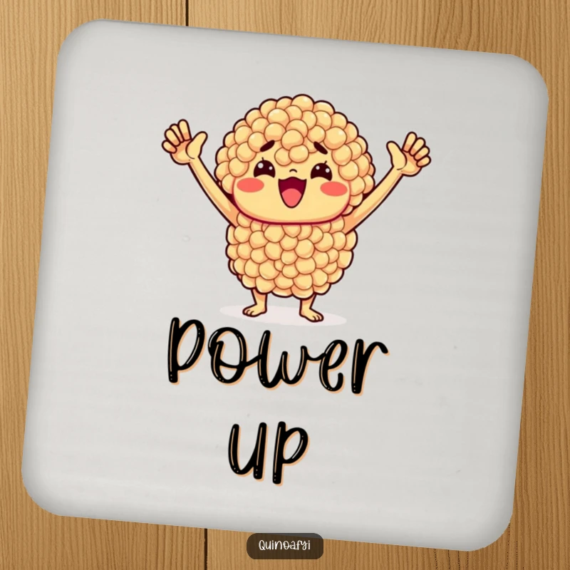 Funny Quinoa Coaster: Determined quinoa cluster with raised arms signifies motivation and healthy grit, perfect for any surface.