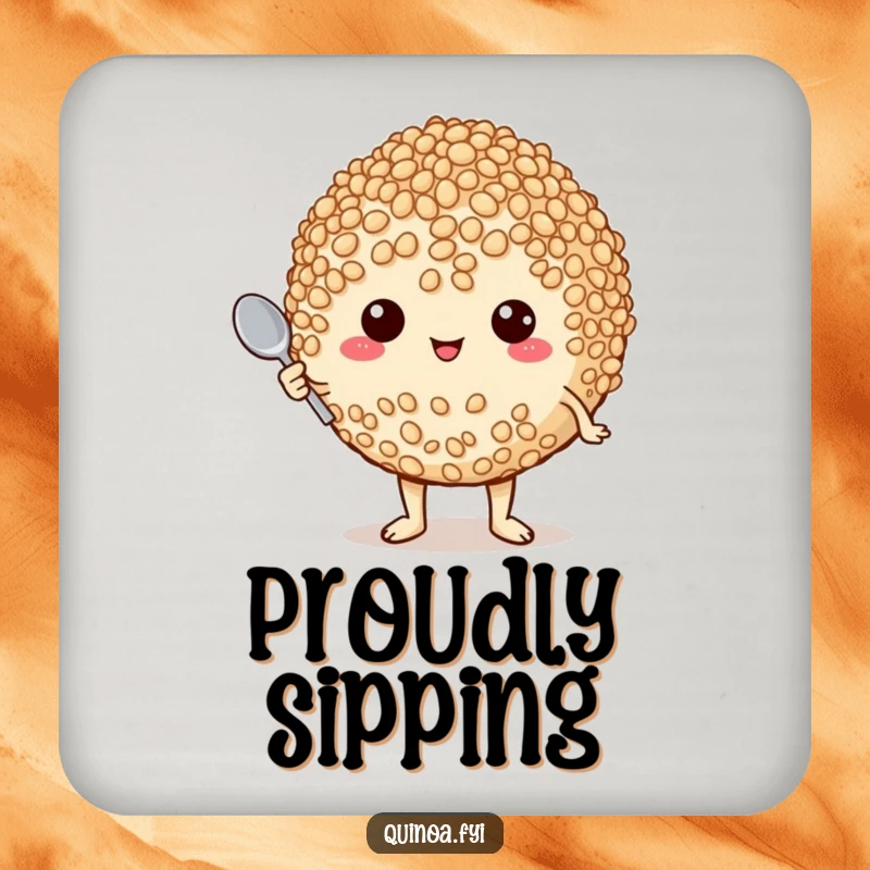 Funny drink coasters featuring a proud quinoa character holding a tiny spoon, adding culinary humor to tabletops.