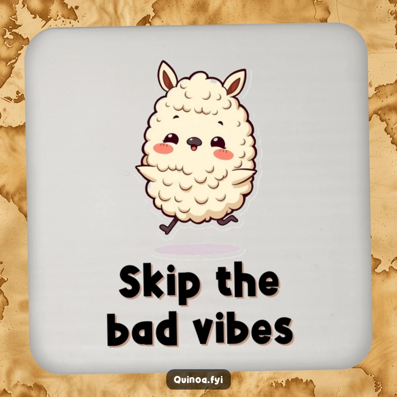 Funny drink coasters with a playful quinoa character on tiny legs doing a happy skip, adding a touch of cheerful movement to your table.