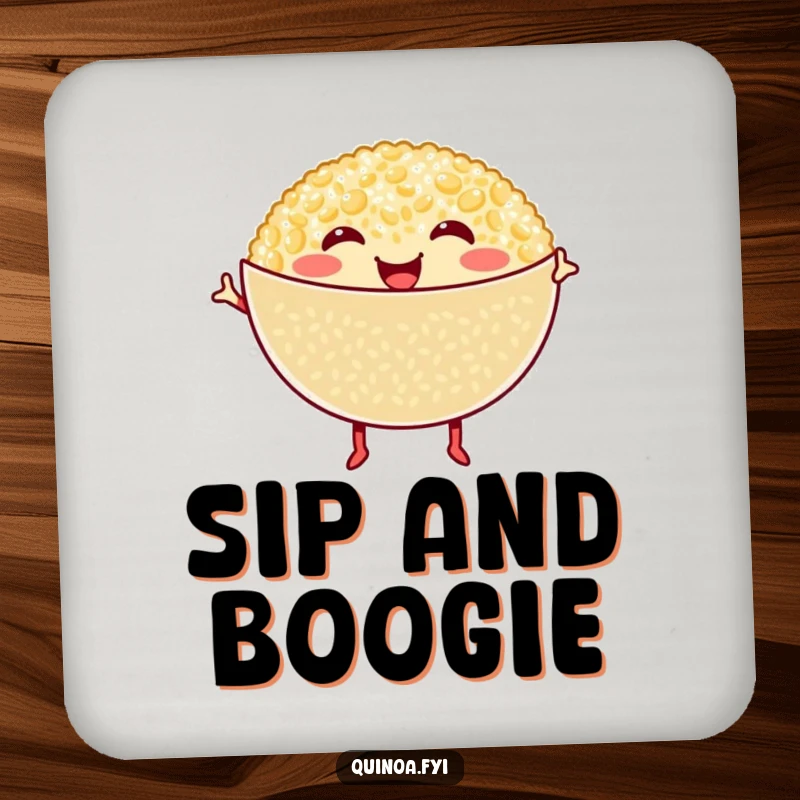 Funny Quinoa Coaster: Smiling quinoa bowl with tiny legs happily dances, adding a cheerful and healthy touch to drink service.