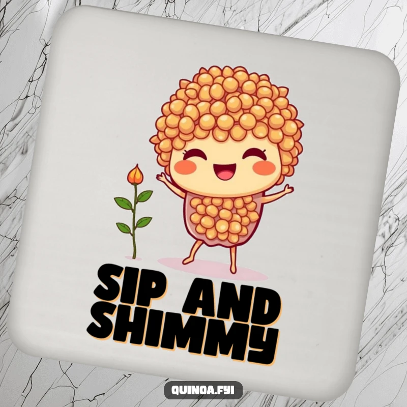 Funny Quinoa Dance Coasters: A joyful quinoa character doing a silly dance with a tiny sprout, protecting your tables with humor.