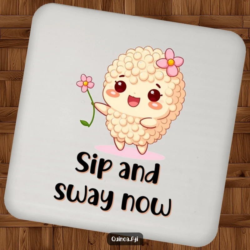 Funny drink coaster with a happy quinoa grain with a flower, swaying gently, a peaceful accessory.
