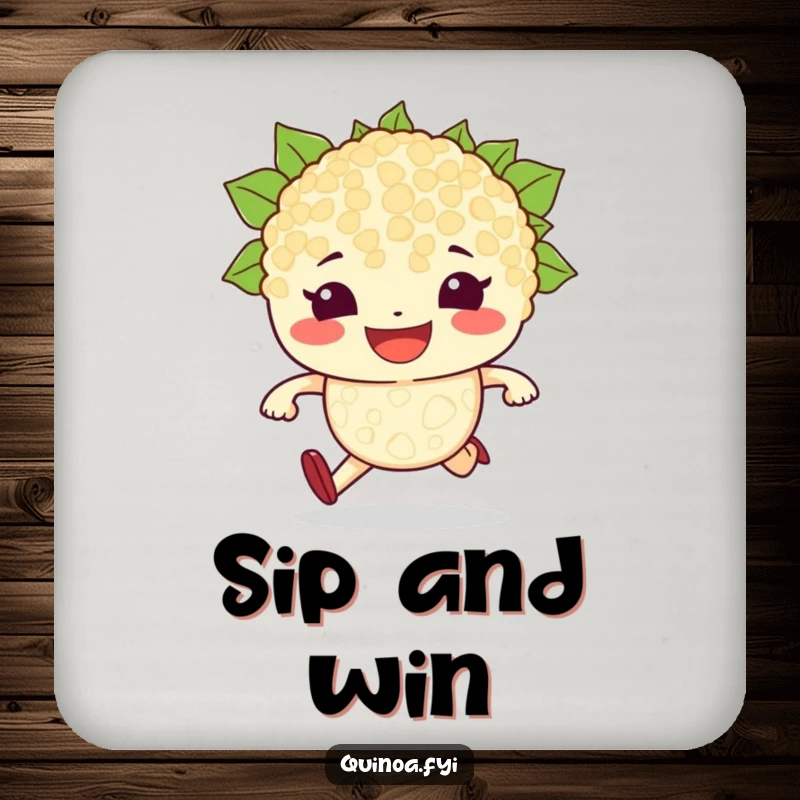 Funny drink coaster showcasing a determined, grinning quinoa grain character ready to race, protecting surfaces with motivational humor.