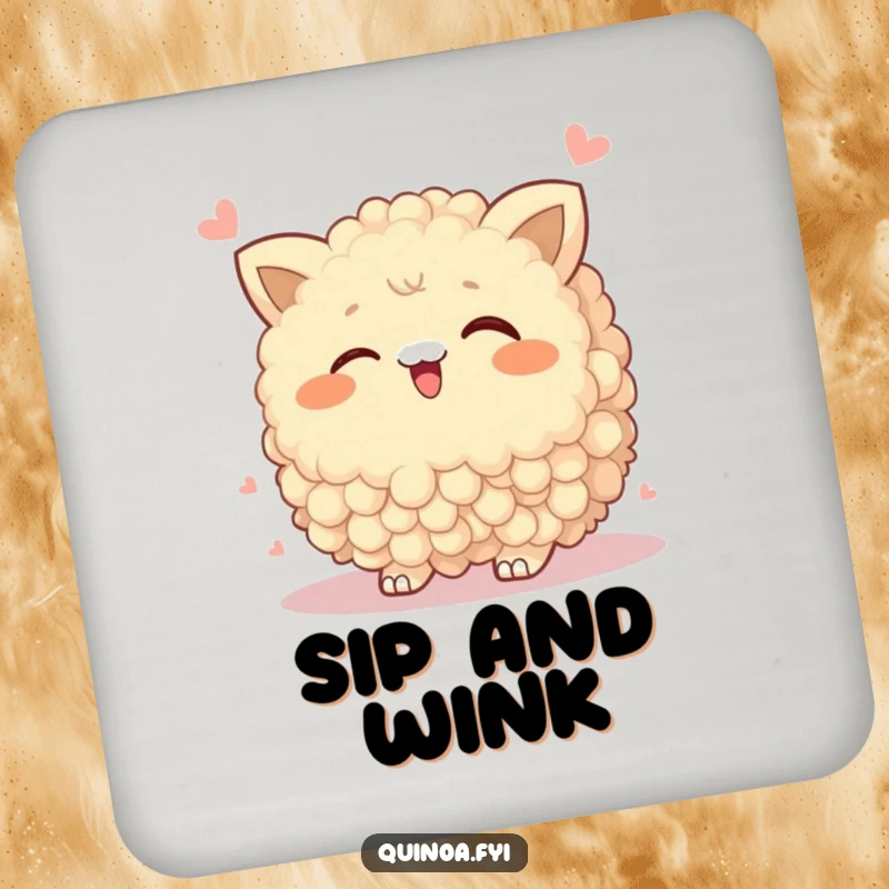 Funny Drink Coaster with a wobbly quinoa cluster winking playfully, adding humorous and charming flair to any table setting.