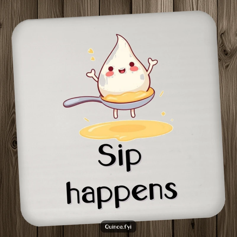 Funny drink coaster showing a joyful anthropomorphic broth droplet happily riding a miniature spoon, protecting your surfaces.