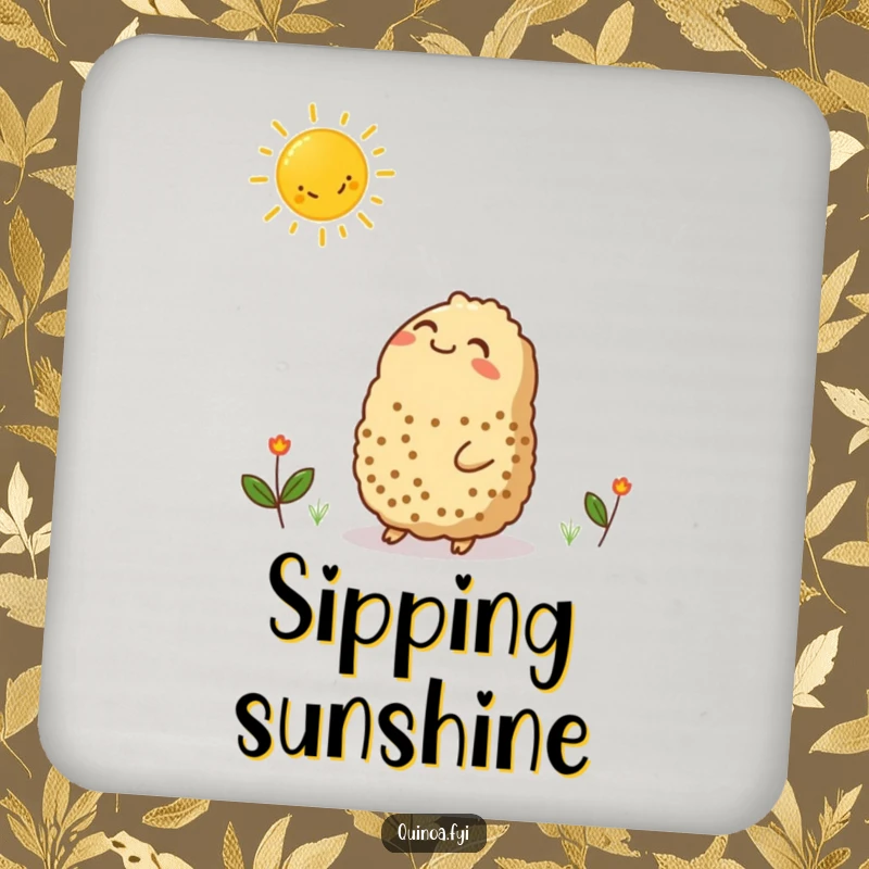 Funny drink coasters with a contented quinoa character looking up at a smiling sun graphic, adding a touch of cheerful sunshine to your table.