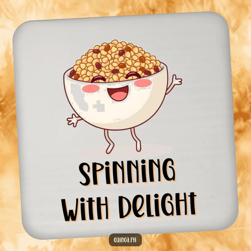 Funny Quinoa Coaster: A smiling quinoa bowl character with legs doing a lively jig, guarding surfaces with humor and charm.