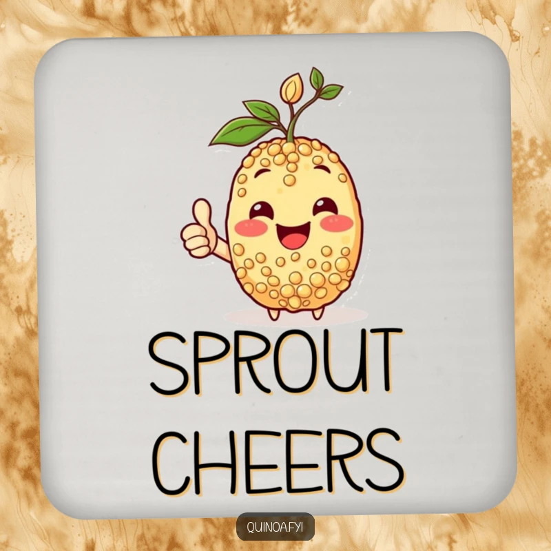 Funny drink coasters featuring a happy quinoa character with a sprout, giving a thumbs-up, adding positive vibes to tabletops.