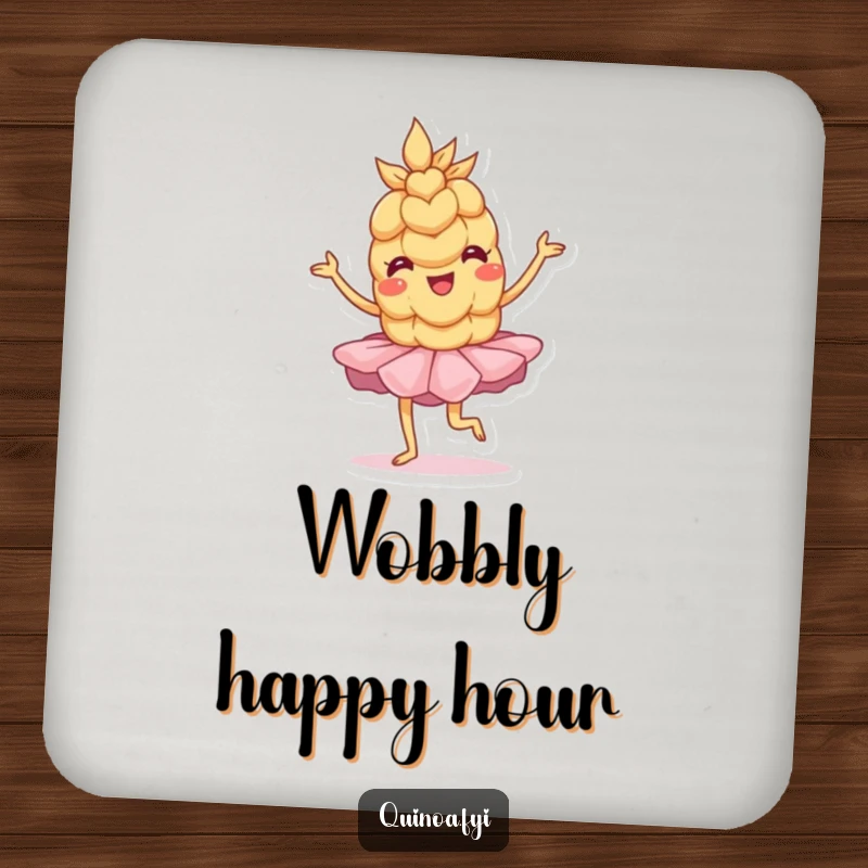 Funny Coaster: A wobbly anthropomorphic wheat grain in a tutu strikes a playful pose, protecting your surfaces with dance.