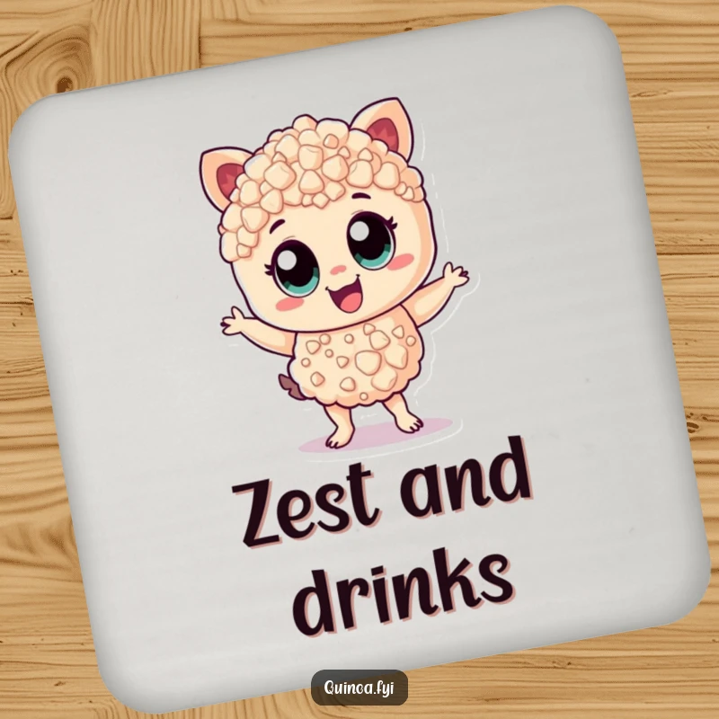 Funny Coaster: Cheerful quinoa character dancing with zest, protecting surfaces with humor.