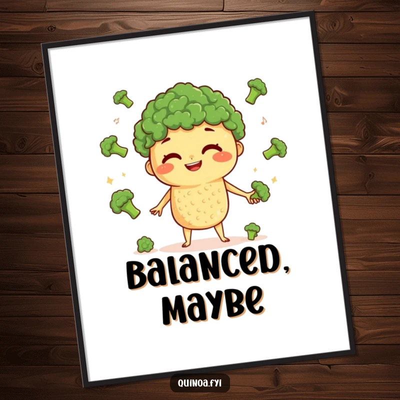 Funny Quinoa Juggling Poster: A curious quinoa character with a wide grin juggling tiny broccoli florets, adding humor to any room.
