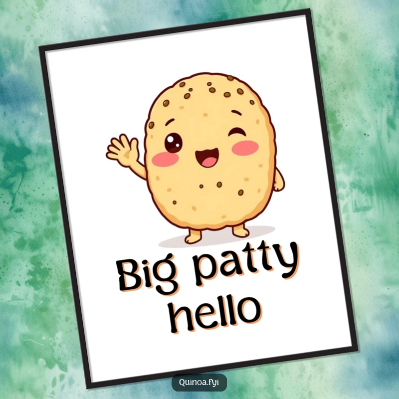 Funny anthropomorphic quinoa patty with a friendly wave, looking excited poster, creating a cheerful and inviting piece of art.