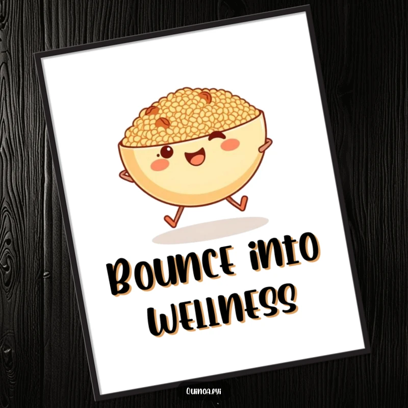 Funny anthropomorphic bowl of quinoa with tiny legs skipping, a joyful and vibrant piece of art.