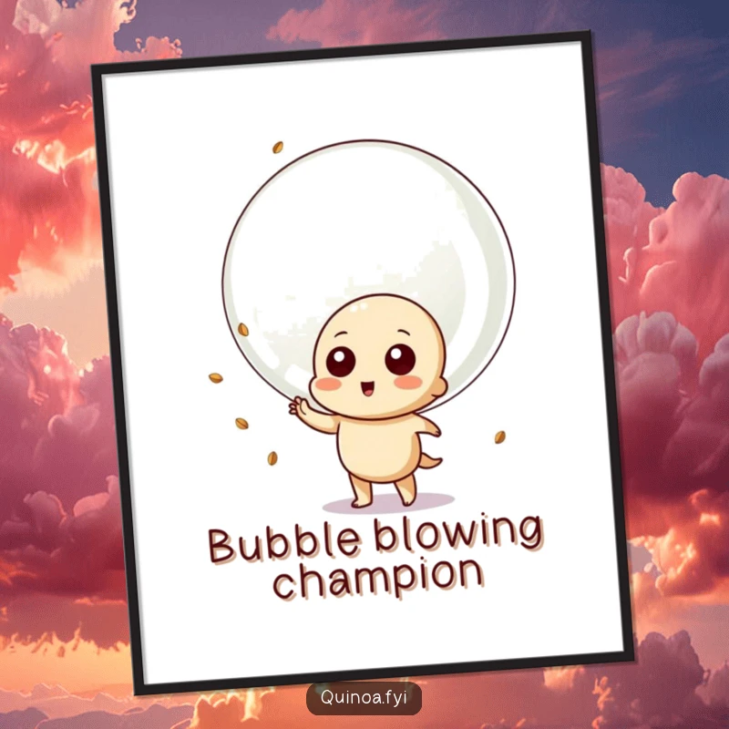 Funny poster featuring a playful quinoa character blowing a giant bubble with quinoa seeds, capturing a moment of pure, bubbly fun.