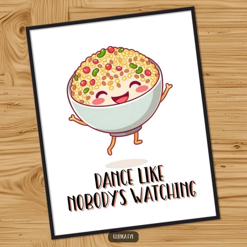 Funny quinoa dance poster showcasing a happy bowl of quinoa with noodle legs dancing merrily, vibrant wall art that brings joy and humor.