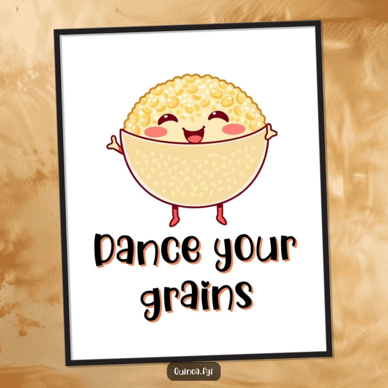 Funny Quinoa Poster: Smiling quinoa bowl with tiny legs dances joyfully, adding a whimsical and healthy touch to decor.