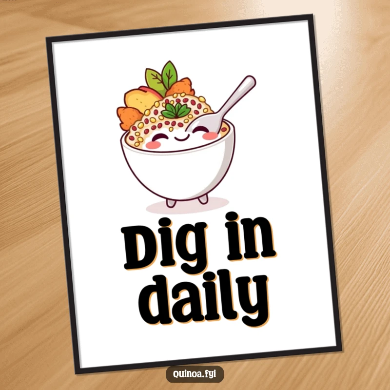 Funny poster of a smiling quinoa bowl character with a playfully dipping spoon, bringing delicious and healthy humor.