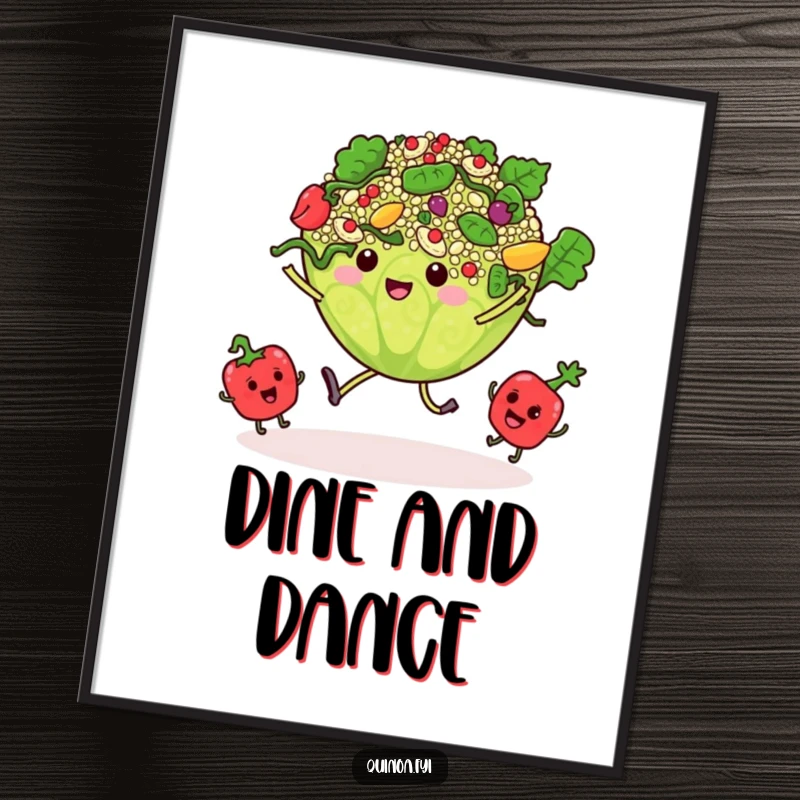 Funny poster art of a quinoa salad center stage, dancing with tiny, swaying vegetable characters.