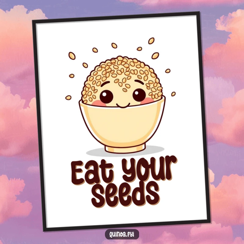 Funny Quinoa Poster showcasing a beaming happy face juggling seeds, a humorous and artistic celebration of healthy eating.