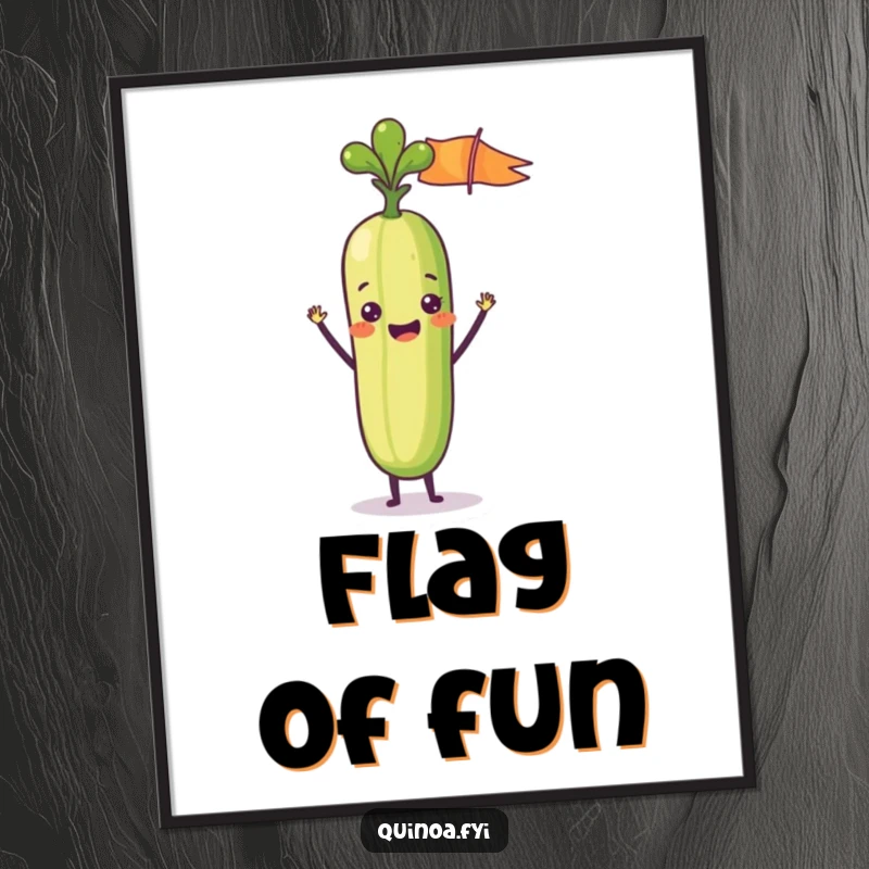 Funny poster featuring a delighted anthropomorphic vegetable stick waving a tiny flag, bringing cheerful celebration and humor to wall decor.