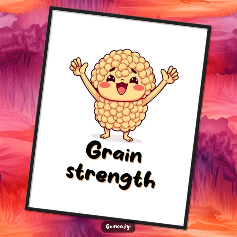 Funny Quinoa Poster: Cheerful quinoa cluster with a determined expression and arms raised in triumph, embodying healthy motivation.