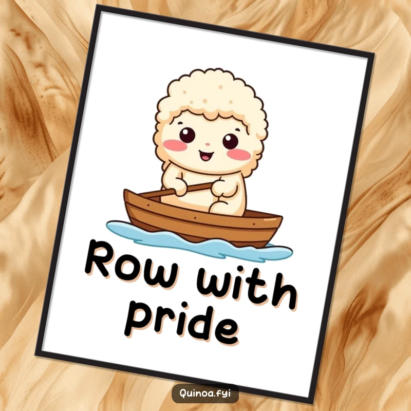 Funny poster of a determined quinoa character confidently rowing a small boat, a symbol of perseverance.