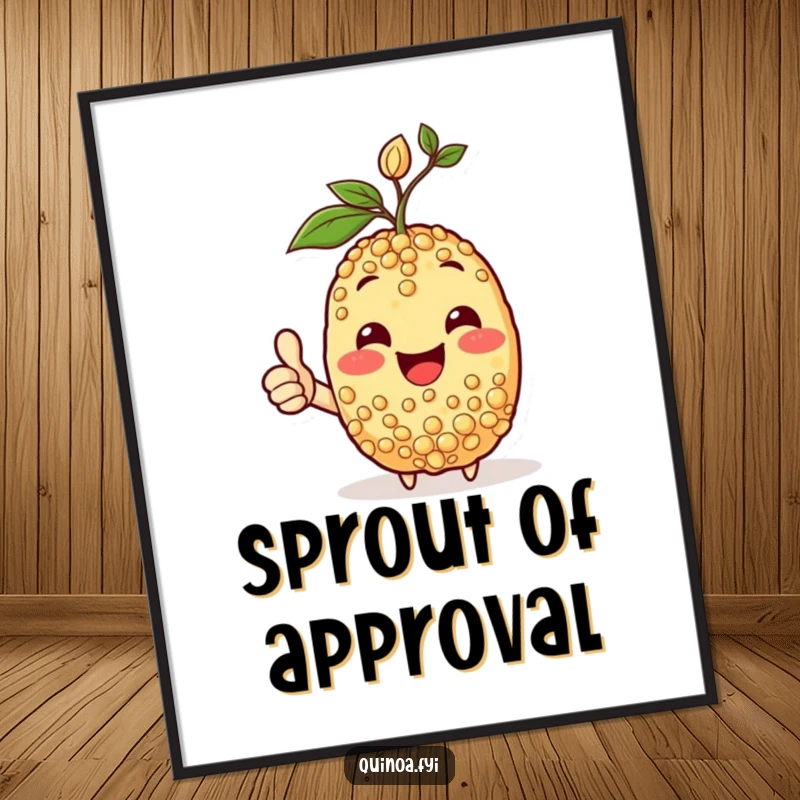 Funny poster of a happy quinoa character with a sprout on its head, giving an encouraging thumbs-up like a beacon of joy.
