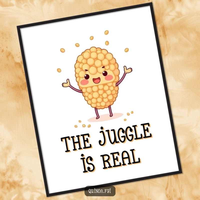 Funny poster of a quinoa cluster juggling tiny grains, whimsical and humorous wall art for a lively and energetic space.