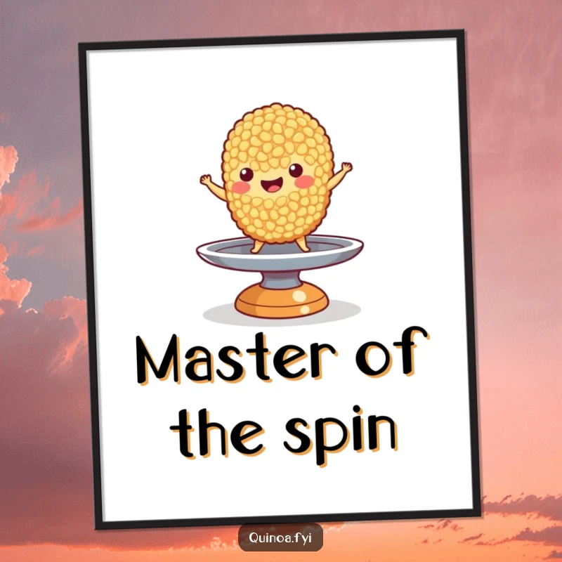 Funny Quinoa Poster: A happy quinoa grain character balancing precariously on a small spinning plate, depicted with charming humor and skill.