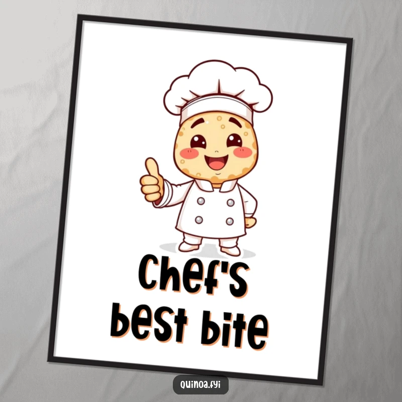 Funny quinoa chef poster art: a smiling chef character made of quinoa gives a confident thumbs up.