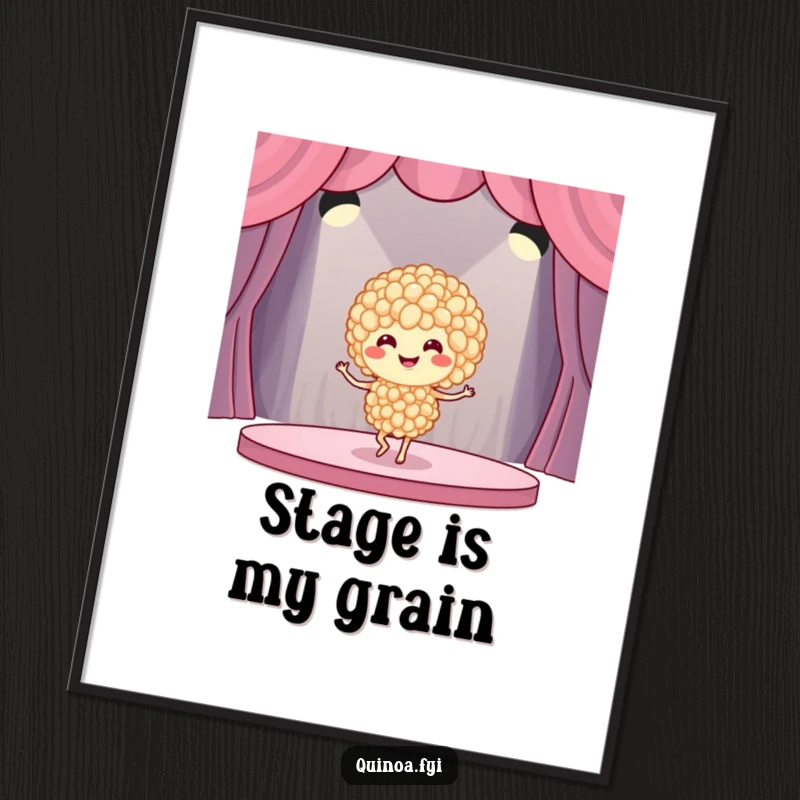 Funny quinoa dancer poster showing a smiling quinoa grain cluster gracefully dancing on a stage, bringing a dose of playful art.