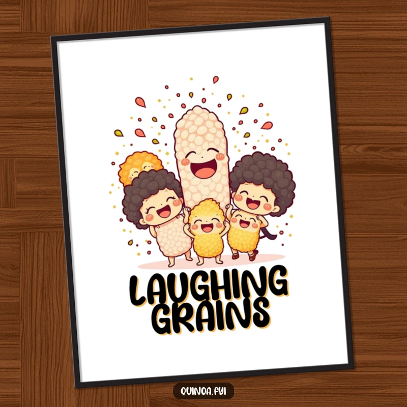 Funny poster capturing a joyful explosion of animated quinoa characters erupting with laughter, a celebration of food and fun.