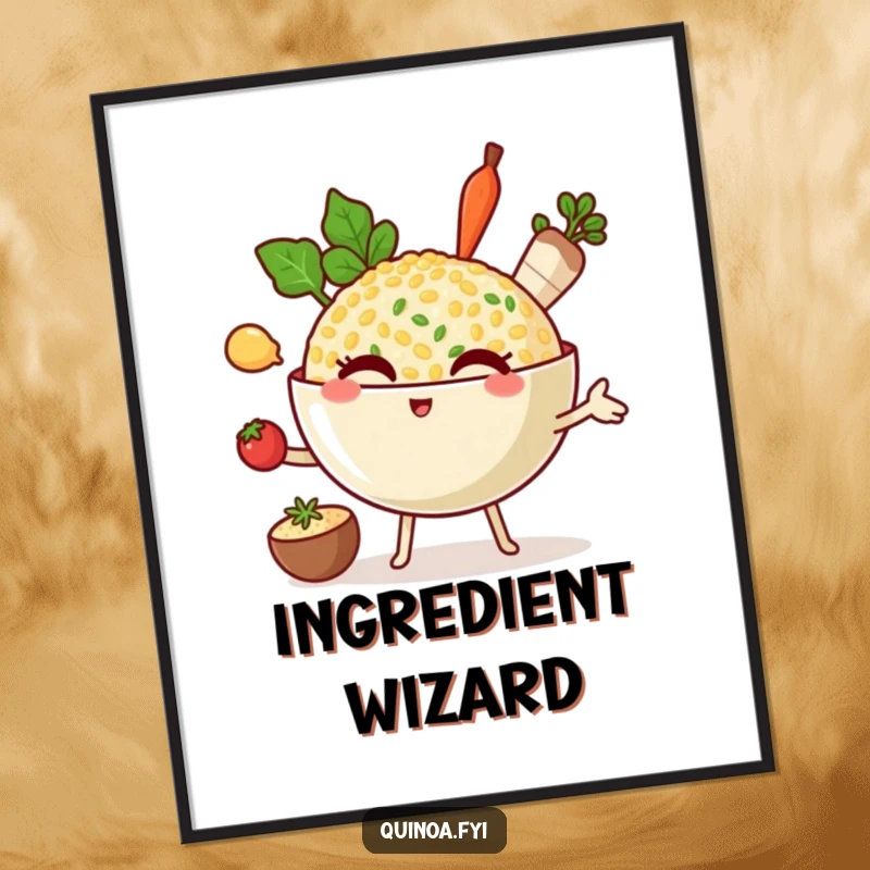 Funny poster of a winking quinoa bowl character expertly juggling three small cooking ingredients, celebrating kitchen multitasking.