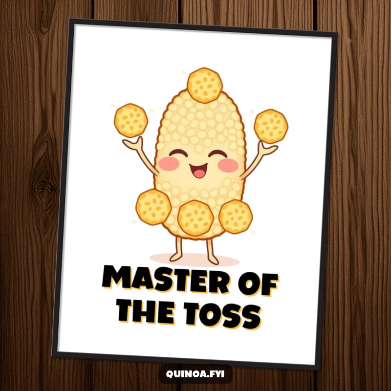 Funny Quinoa Poster: A cheerful quinoa character winking while juggling three smaller quinoa grains, creating a vibrant and humorous art piece.