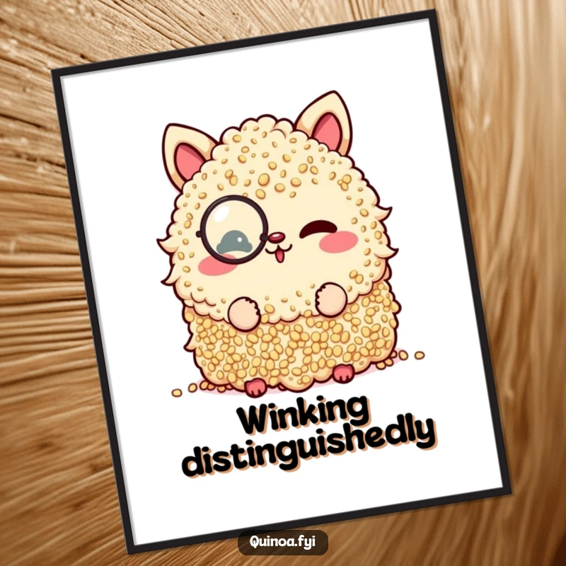 Funny poster of a quinoa pile wearing a monocle, delivering a charming and playful wink.