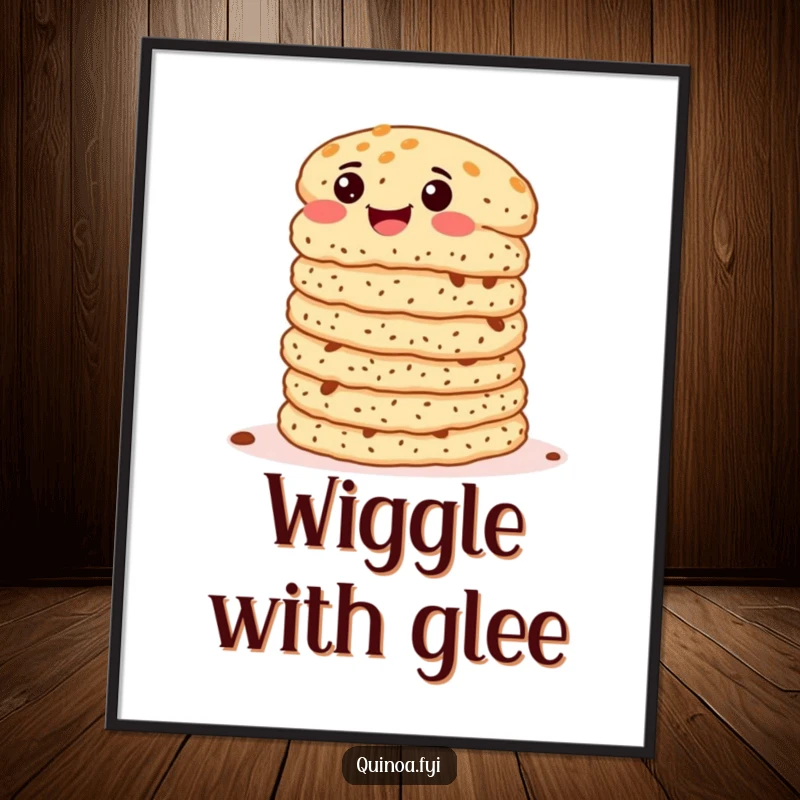 Funny Quinoa Patties Poster featuring a delighted stack of patties wiggling with glee, a humorous and appetizing wall decoration.