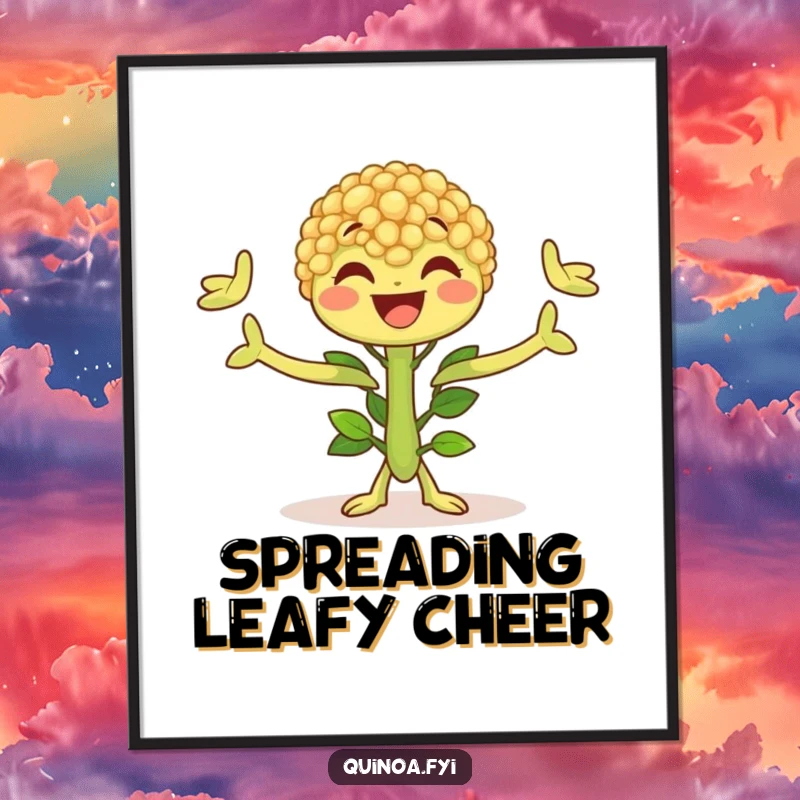 Funny Quinoa Plant Poster displaying a joyful character with open leafy arms, adding a cheerful and organic vibe to wall decor.