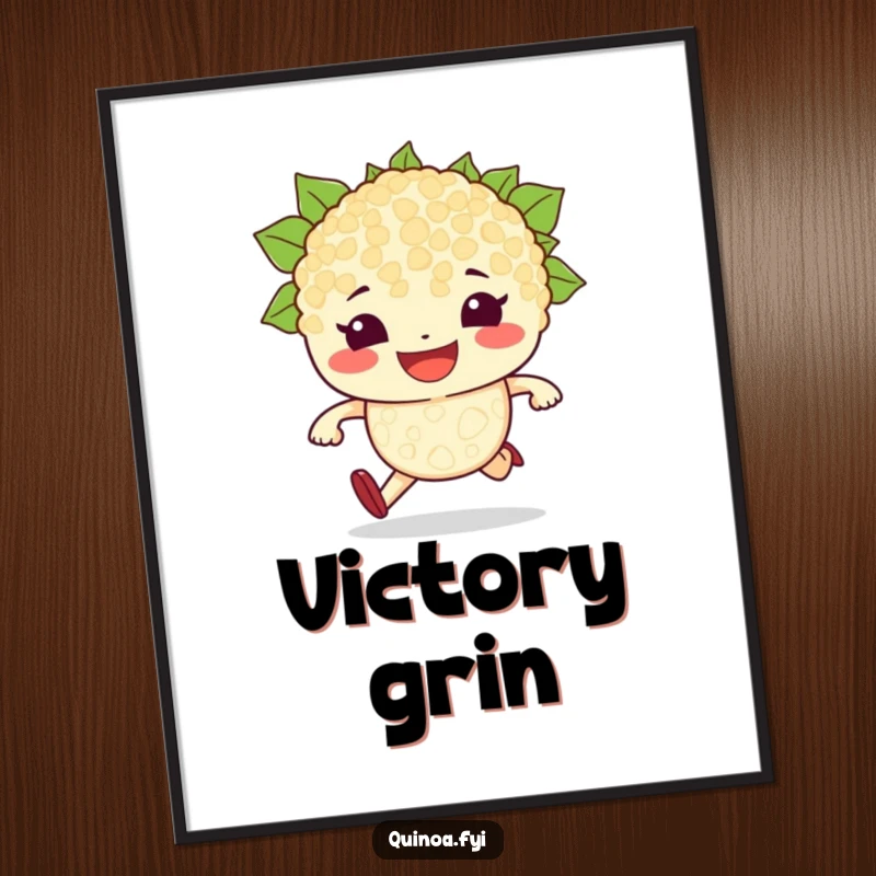 Funny poster print of a beaming, determined quinoa grain character with a grin, set to run a race, ideal for motivational decor.