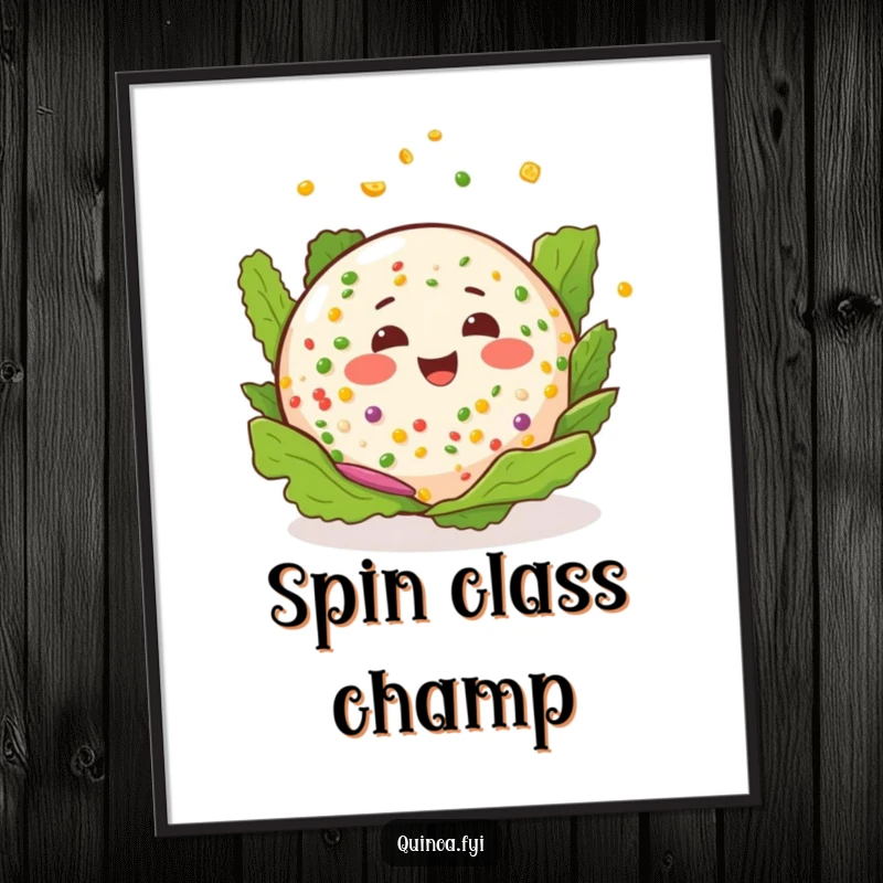 Funny quinoa salad poster art: a happy salad with a cheerful expression, playfully spinning with joy.