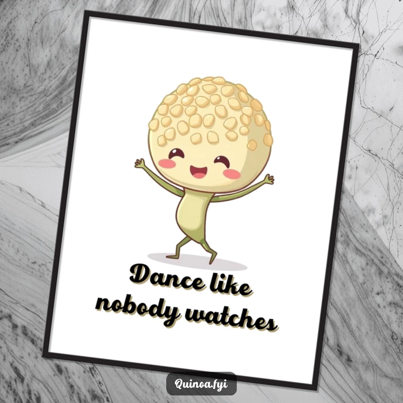 Funny Quinoa Sprout Poster capturing a dancing character with animated, wiggling roots, adding a sense of motion and joy.