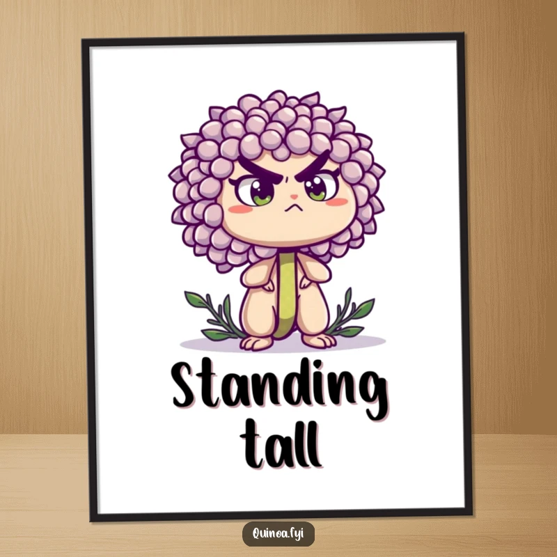 Funny poster featuring a determined quinoa sprout standing tall with a resolute expression, symbolizing unwavering strength and perseverance.