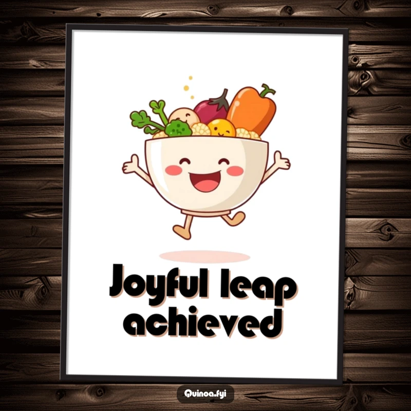 Funny poster of a smiling bowl of quinoa and vegetables joyfully leaping, celebrating healthy movement.