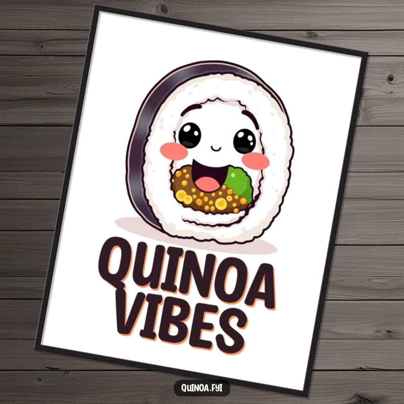 Funny Sushi Quinoa Roll Poster featuring a happy character with quinoa filling and a big smile, a humorous art gift.