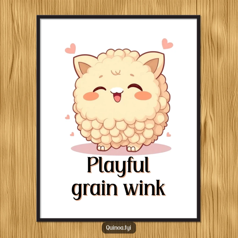 Funny Poster of a wobbly quinoa cluster winking playfully, a humorous and charming piece for wall decor.